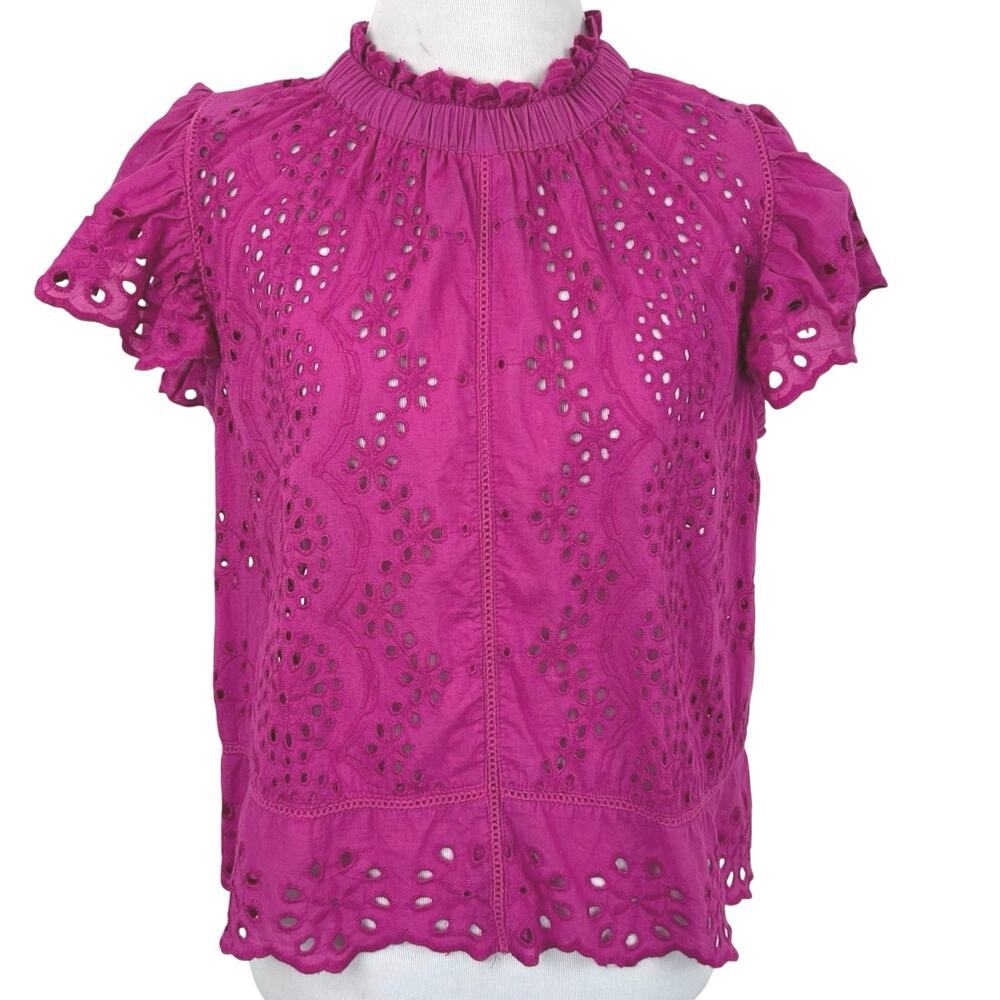 Jennifer & Grace Pink Eyelet Lace Mock Neck Blouse Flutter Sleeve Cotton Top S
